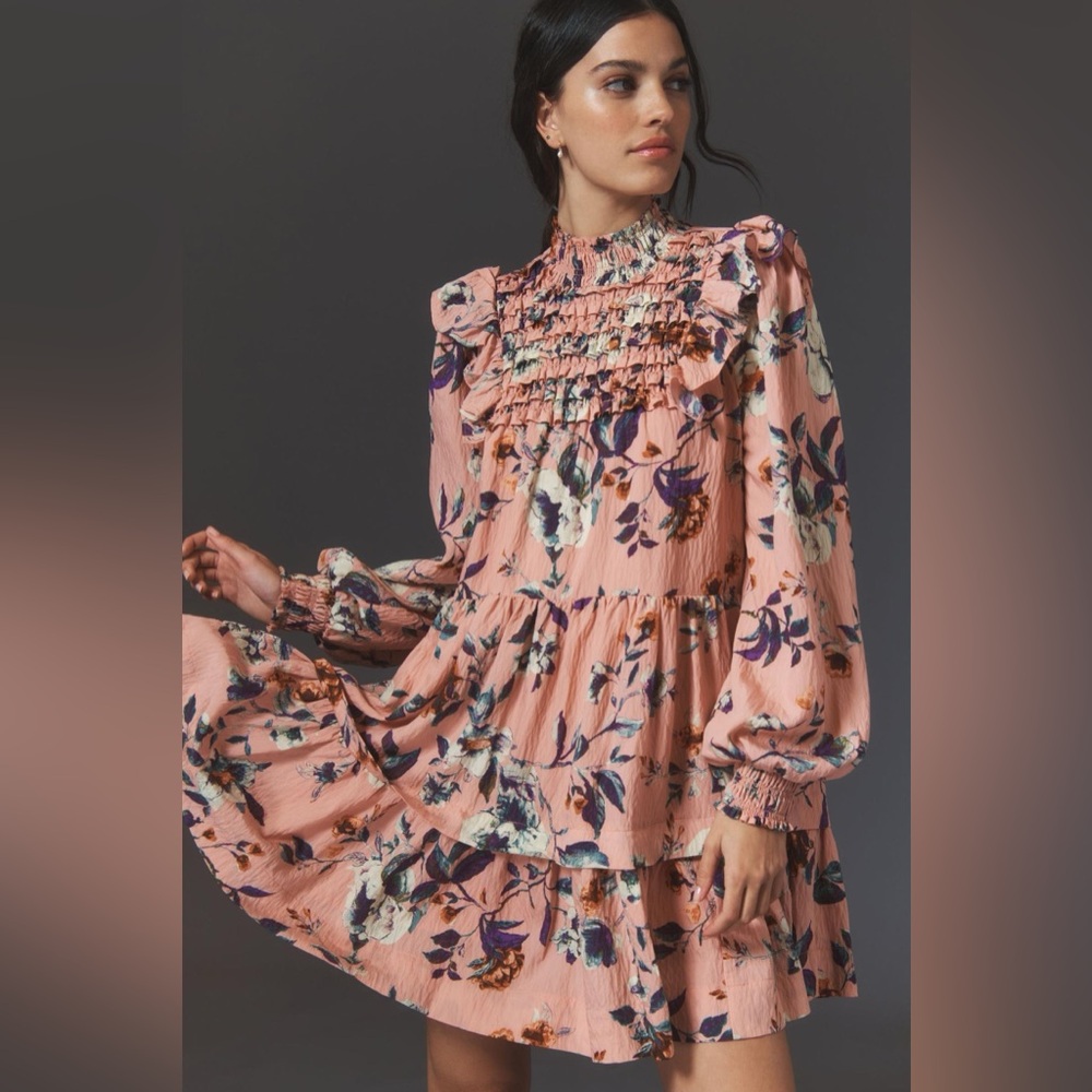 Long-Sleeve Printed Floral Smocked Mini Dress